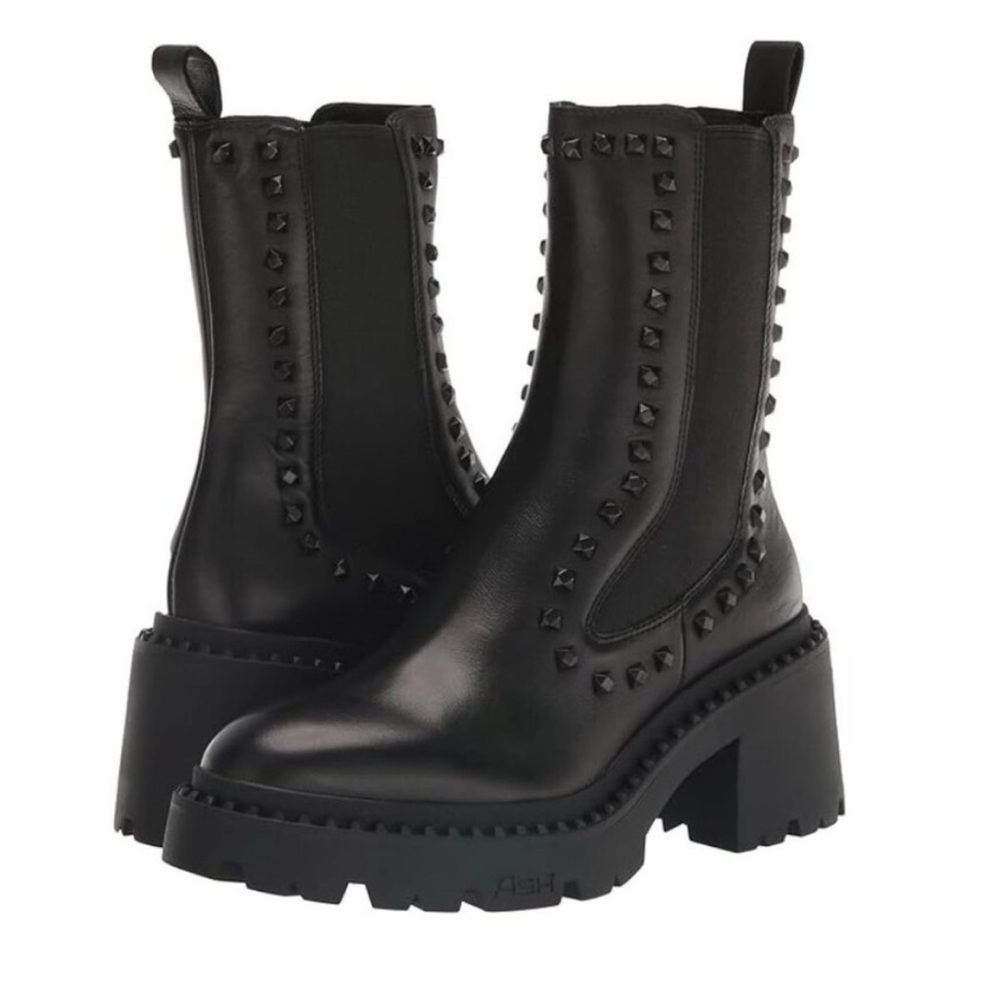 ASH Black Studded Chunky Heeled Leather Boots Size 9